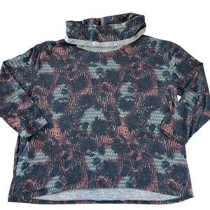 One World 1X Teal Floral Rhinestone Cowl Neck Boho Top